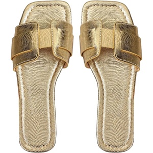 image:imageGORGLITTER Womens Gold Glitter Flat Sandals Summer Beach Vacation Dressy Square Toe Metallic Sparkly Slide SandalsGold
