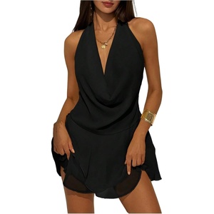 image:imageGORGLITTER Womens Halter Mini Dress Backless Draped Mesh Deep V Neck Sleeveless A Line Chiffon Summer Going Out DressesBlack