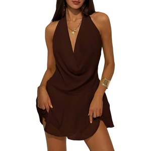 image:imageGORGLITTER Womens Halter Mini Dress Backless Draped Mesh Deep V Neck Sleeveless A Line Chiffon Summer Going Out DressesBrown