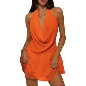 image:imageGORGLITTER Womens Halter Mini Dress Backless Draped Mesh Deep V Neck Sleeveless A Line Chiffon Summer Going Out DressesOrange