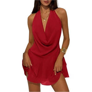 image:imageGORGLITTER Womens Halter Mini Dress Backless Draped Mesh Deep V Neck Sleeveless A Line Chiffon Summer Going Out DressesRed