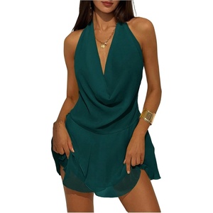 image:imageGORGLITTER Womens Halter Mini Dress Backless Draped Mesh Deep V Neck Sleeveless A Line Chiffon Summer Going Out DressesTeal Blue