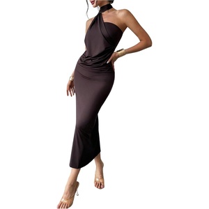 image:imageGORGLITTER Womens Halter Neck Midi Dress with Scarf Cocktail Off Shoulder Asymmetrical Date Night Formal Birthday DressChocolate Brown