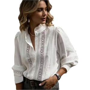 image:imageGORGLITTER Womens Lace Button Up Shirt Office Eyelet Embroidered Long Sleeve Shirts Dressy Casual Work BlouseWhite