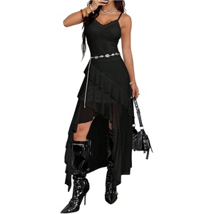 image:imageGORGLITTER Womens Lace Mesh Cowgirl Maxi Dress Summer Casual Y2K Asymmetrical Sleeveless Ruffle Sexy Going Out DressesBlack