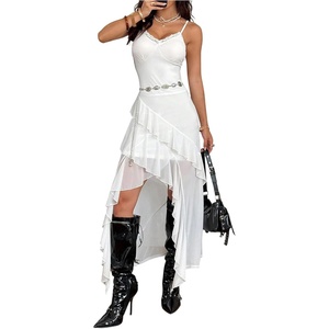 image:imageGORGLITTER Womens Lace Mesh Cowgirl Maxi Dress Summer Casual Y2K Asymmetrical Sleeveless Ruffle Sexy Going Out DressesWhite