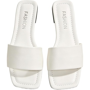 image:imageGORGLITTER Womens Leather Square Toe Flat Sandals Summer Dressy Slides Casual Fashion Slip On Comfort SandalsBeige