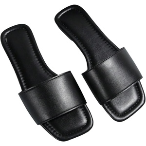 image:imageGORGLITTER Womens Leather Square Toe Flat Sandals Summer Dressy Slides Casual Fashion Slip On Comfort SandalsBlack