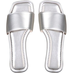 image:imageGORGLITTER Womens Leather Square Toe Flat Sandals Summer Dressy Slides Casual Fashion Slip On Comfort SandalsSilver