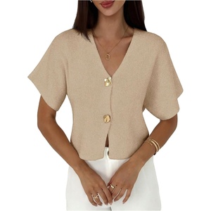 image:imageGORGLITTER Womens Metal Short Sleeve Cardigan Sweater V Neck Button Down Knitted Tops Going Out Old Money ClothesApricot