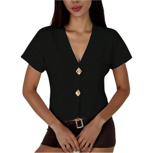 image:imageGORGLITTER Womens Metal Short Sleeve Cardigan Sweater V Neck Button Down Knitted Tops Going Out Old Money ClothesBlack