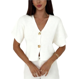 image:imageGORGLITTER Womens Metal Short Sleeve Cardigan Sweater V Neck Button Down Knitted Tops Going Out Old Money ClothesWhite