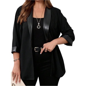 image:imageGORGLITTER Womens Plus Size Fall Blazer 34 Sleeve Leather Open Front Blazer Jacket Business Casual Work Office OutfitBlack