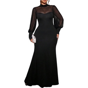 image:imageGORGLITTER Womens Plus Size Mesh Long Sleeve Dresses Sheer Mock Neck Formal Party Wedding Guest Long DressBlack