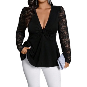 image:imageGORGLITTER Womens Plus Size Sexy Lace Tops Y2K Long Sleeve Going Out Date Night Peplum Tops V Neck Twist Tees TunicsBlack