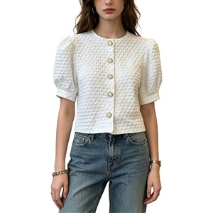 image:imageGORGLITTER Womens Puff Short Sleeve Pearl Beaded Tops Dressy Cute Textured Button Down Shirt Summer Going Out OutfitsWhite