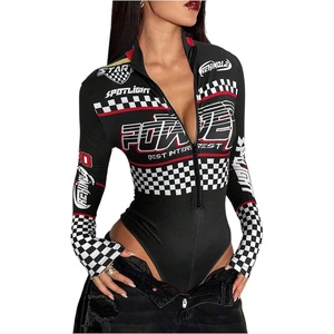 image:imageGORGLITTER Womens Race Car Driver Shapewear Bodysuit Turtleneck Long Sleeve Zip Up Costume Graphic Racer BodysuitBlack