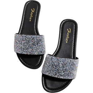 image:imageGORGLITTER Womens Rhinestone Sparkly Sandals Bling Sequin Open Toe Flat Sandals Dressy Wedding Slides ShoesBlack