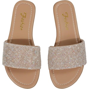 image:imageGORGLITTER Womens Rhinestone Sparkly Sandals Bling Sequin Open Toe Flat Sandals Dressy Wedding Slides ShoesBrown