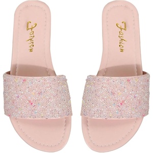 image:imageGORGLITTER Womens Rhinestone Sparkly Sandals Bling Sequin Open Toe Flat Sandals Dressy Wedding Slides ShoesPurple