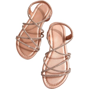 image:imageGORGLITTER Womens Rhinestone Strappy Sparkly Sandals Leather Open Toe Ankle Strap Flat Sequin Sandals Wedding Dressy ShoesChampagne