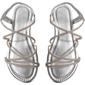 image:imageGORGLITTER Womens Rhinestone Strappy Sparkly Sandals Leather Open Toe Ankle Strap Flat Sequin Sandals Wedding Dressy ShoesSilver