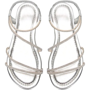 image:imageGORGLITTER Womens Rhinestone Strappy Sparkly Sandals Leather Open Toe Ankle Strap Flat Sequin Sandals Wedding Dressy ShoesSolid Silver