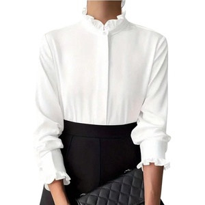 image:imageGORGLITTER Womens Ruffle Button Down Shirt Flounce Long Sleeve Mock Neck Dressy Office Work BlousesWhite