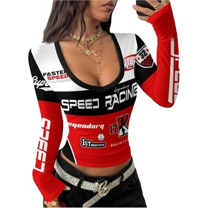 image:imageGORGLITTER Womens Y2K Long Sleeve Cropped Racing Jersey Shirts Fitted Motorcycle Graphic Tees StreetwearMulticolor