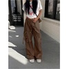 image:imageGORGLITTER Womens Baggy Cargo Pants Parachute Pants Wide Leg Low Rise Dressy Travel Hiking Track Pants Trousers WorkBrown