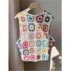 image:imageGORGLITTER Womens Boho Crochet Tie Front Sweater Vest Hollow Out Sleeveless Floral V Neck Knit TopsWhite Multicolor