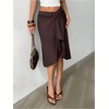 image:imageGORGLITTER Womens Striped Asymmetrical Draped Midi Skirts Low Waist Flowy Business Casual Work Ruffle SkirtBrown