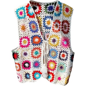 image:imageGORGLITTER Womens Boho Crochet Tie Front Sweater Vest Hollow Out Sleeveless Floral V Neck Knit TopsWhite Multicolor