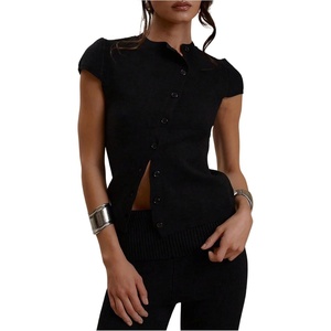 image:imageGORGLITTER Womens Cap Sleeve Button Down Cardigan Lightweight Knitted Sweater Old Money Business Casual TopsBlack