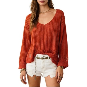 image:imageGORGLITTER Womens Crochet Tops Boho Summer Vacation Going Out Outfits V Neck Long Sleeve Scallop Hem Knit Top Cover UpBurnt Orange