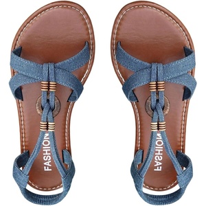 image:imageGORGLITTER Womens Denim Sandals Boho Roman Strappy Slides Elastic Ankle Strap Jean Shoes Beach Vacation Summer Flats Blue 85