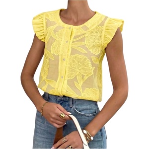 image:imageGORGLITTER Womens Flower Button Up Vintage Eyelet Blouse Dressy Casual Sleeveless Boho Cute Embroidered Western TopsYellow