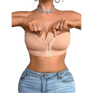 image:imageGORGLITTER Womens Front Closure Strapless Push Up Bras Seamless Wireless Bandeau BraletteKhaki