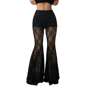 image:imageGORGLITTER Womens Goth Pants Lace Bell Bottom Rave Mesh Flare Leggings High Waisted Sheer Sexy Trousers Concert OutfitsBlack D