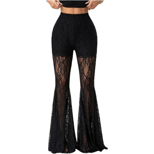 image:imageGORGLITTER Womens Goth Pants Lace Bell Bottom Rave Mesh Flare Leggings High Waisted Sheer Sexy Trousers Concert OutfitsBlack Mesh