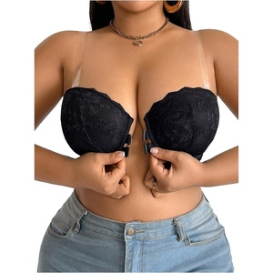 image:imageGORGLITTER Womens Plus Size Lace Strapless Bras Sexy Front Closure Push Up Bralette Underwire with Clear StrapsBlack