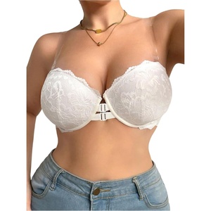 image:imageGORGLITTER Womens Plus Size Lace Strapless Bras Sexy Front Closure Push Up Bralette Underwire with Clear StrapsWhite