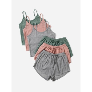 image:imageWomens 3 Sets Ribbed Pajamas Set Sleeveless Cami Top and Tie Front Shorts Lounge Set Sleepwear LoungewearGreen Pink Grey