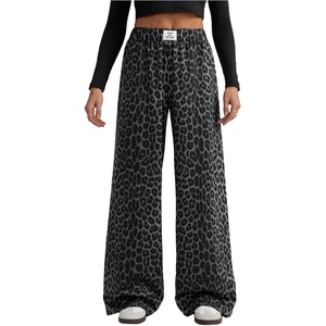 image:imageGORGLITTER Womens Cheetah Print Pants Leopard Wide Leg Sweatpants  Straight Leg Sweats Elastic High Waisted Pants Animal Print Trousers Baggy Bottom Fall OutfitsDark Grey
