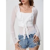 image:imageGORGLITTER Womens Bell Sleeve Tops Blouse Sheer Ruffle Western Outfits  Tie Front Long Sleeve Shirts Mesh Flowy Tops Cute Vintage Blouse Country Concert OutfitsSheer White