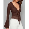 image:imageGORGLITTER Womens Bell Sleeve Tops Blouse Sheer Ruffle Western Outfits  Tie Front Long Sleeve Shirts Mesh Flowy Tops Cute Vintage Blouse Country Concert OutfitsChocolate Brown