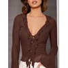 image:imageGORGLITTER Womens Bell Sleeve Tops Blouse Sheer Ruffle Western Outfits  Tie Front Long Sleeve Shirts Mesh Flowy Tops Cute Vintage Blouse Country Concert OutfitsChocolate Brown