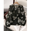image:imageGORGLITTER Womens Boho Peasant Blouses Long Sleeve Floral Embroidered Tops  Sheer Tie Front Top Flowy Button Up Shirts Dressy Casual Outfits Elegant Fancy ClothesBlack