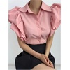 image:imageGORGLITTER Womens Bubble Tops Short Puffy Sleeve Button Up Blouses Shirt  Women Elegant Tops Womens Blouses Dressy Casual Womens Button Down Blouse Professional Blouses for WorkPink