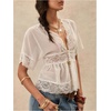 image:imageGORGLITTER Womens Floral Lace Tops Short Sleeve V Neck Button Down Shirts Boho See Through Babydoll Going Out BlouseWhite